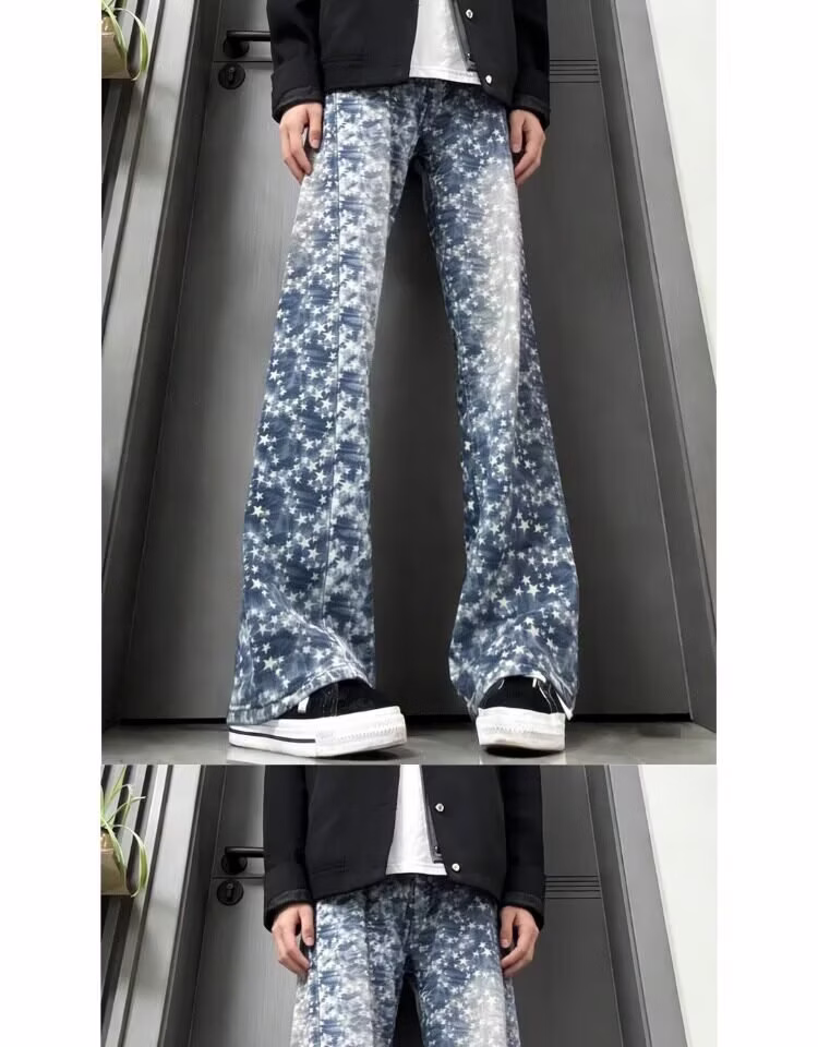 Stars Full Print Jacquard Jeans Men's American High Street Design Sense Of Gradual Change Straight Scimitar Casual Pants, Blue S_mkmklike.com