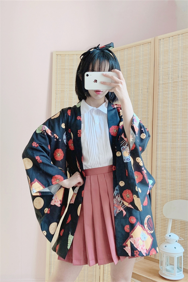 日系软萌妹开衫和服浴衣和风羽织可爱少女晒上衣短外套女酒红羽织均码