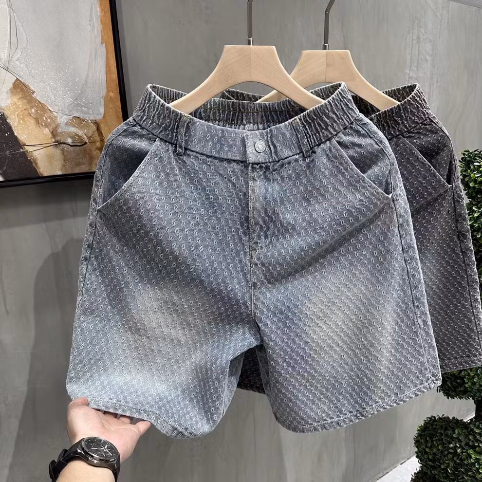 Retro Old Jacquard Denim Shorts Men's Summer American Vibe Ruffian Handsome Casual Pants Loose Straight Five-point Pants, Black M_viptrois.com
