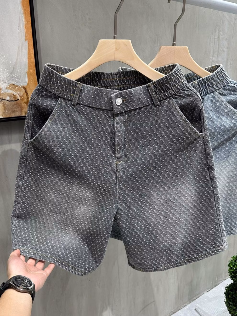 Retro Old Jacquard Denim Shorts Men's Summer American Vibe Ruffian Handsome Casual Pants Loose Straight Five-point Pants, Black M_viptrois.com