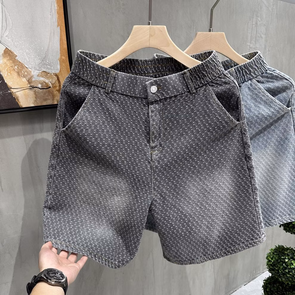 Retro Old Jacquard Denim Shorts Men's Summer American Vibe Ruffian Handsome Casual Pants Loose Straight Five-point Pants, Black M_viptrois.com