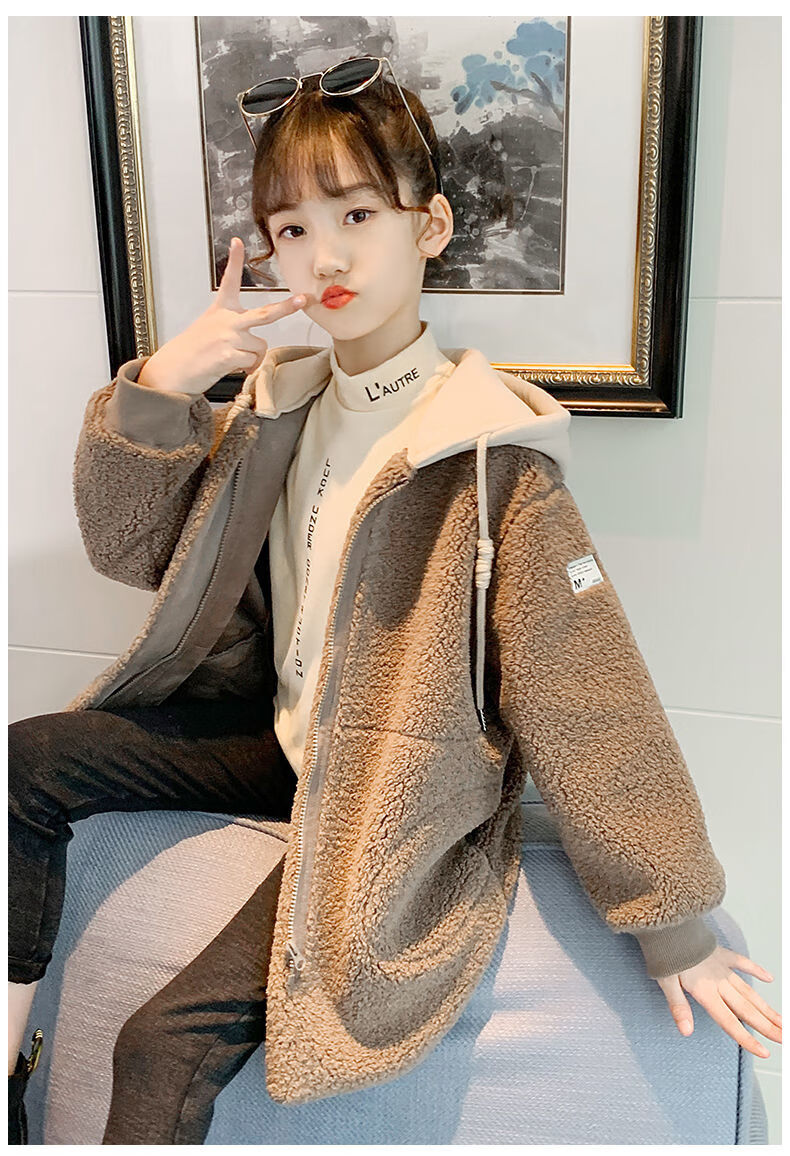 绒毛小女孩冬天加绒加厚大衣女大童衣服冬装12岁学生皮毛一体绒秋冬款