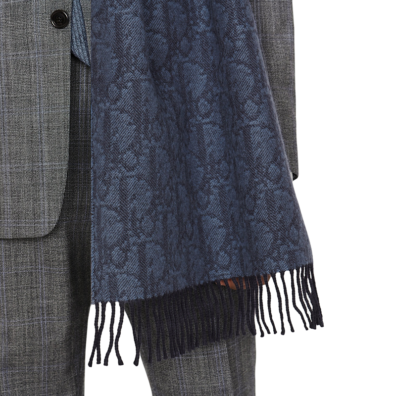 【包税】dior/迪奥 21年早秋新款 男士蓝色羊绒羊毛dior斜纹双面围巾