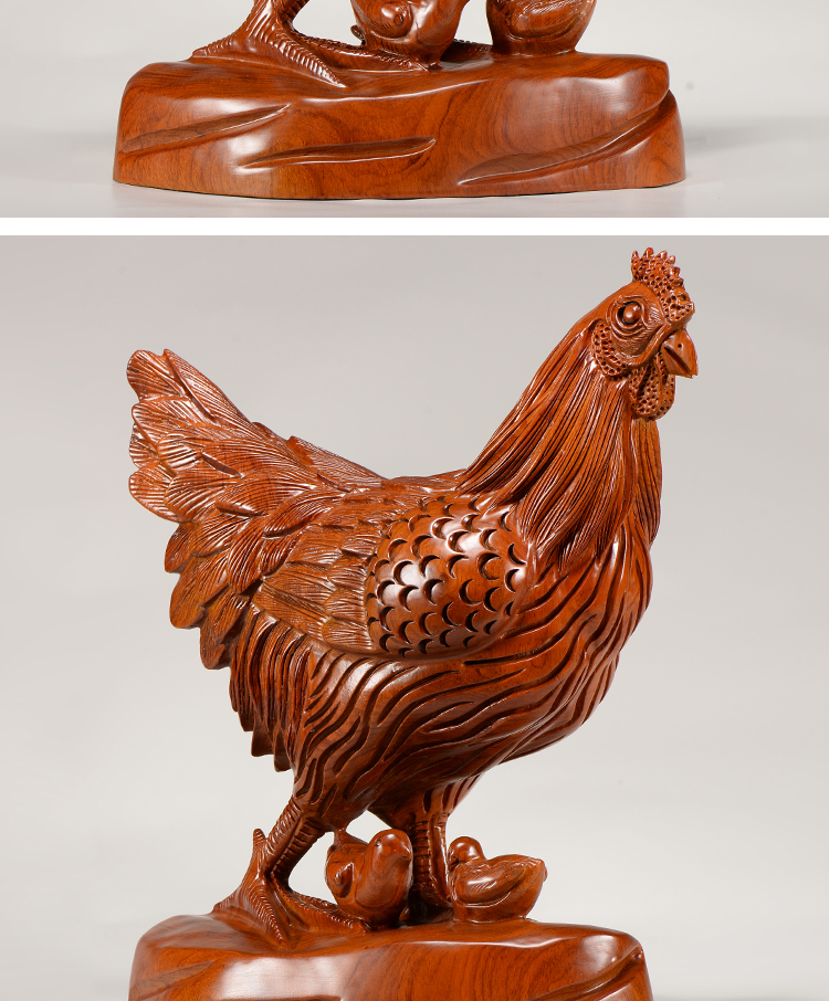 花梨实木雕刻母鸡摆件木头根雕母子鸡全家福十二生肖红木质工艺品