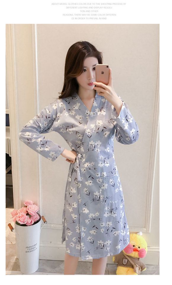 顶呱呱睡袍女春季浴袍衣睡裙女士春秋款清新中长款日式和服睡衣学生