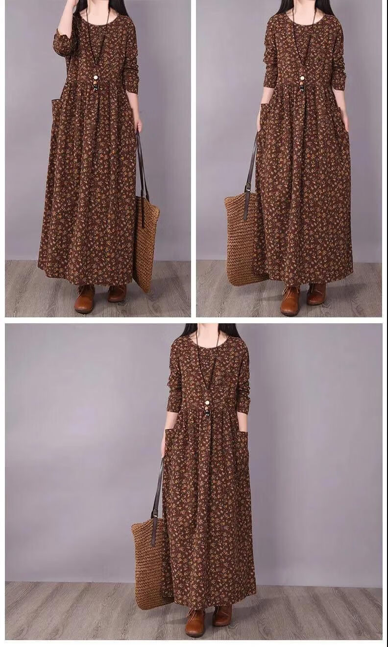 素订棉麻女装官方素素杭州长袖连衣裙女秋季复古碎花大码宽松显瘦遮肚