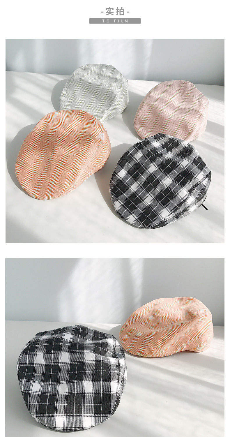 秋冬帽子女士时尚复古贝雷帽韩版百搭鸭舌帽黑白格子 隐形帽檐橘色 m