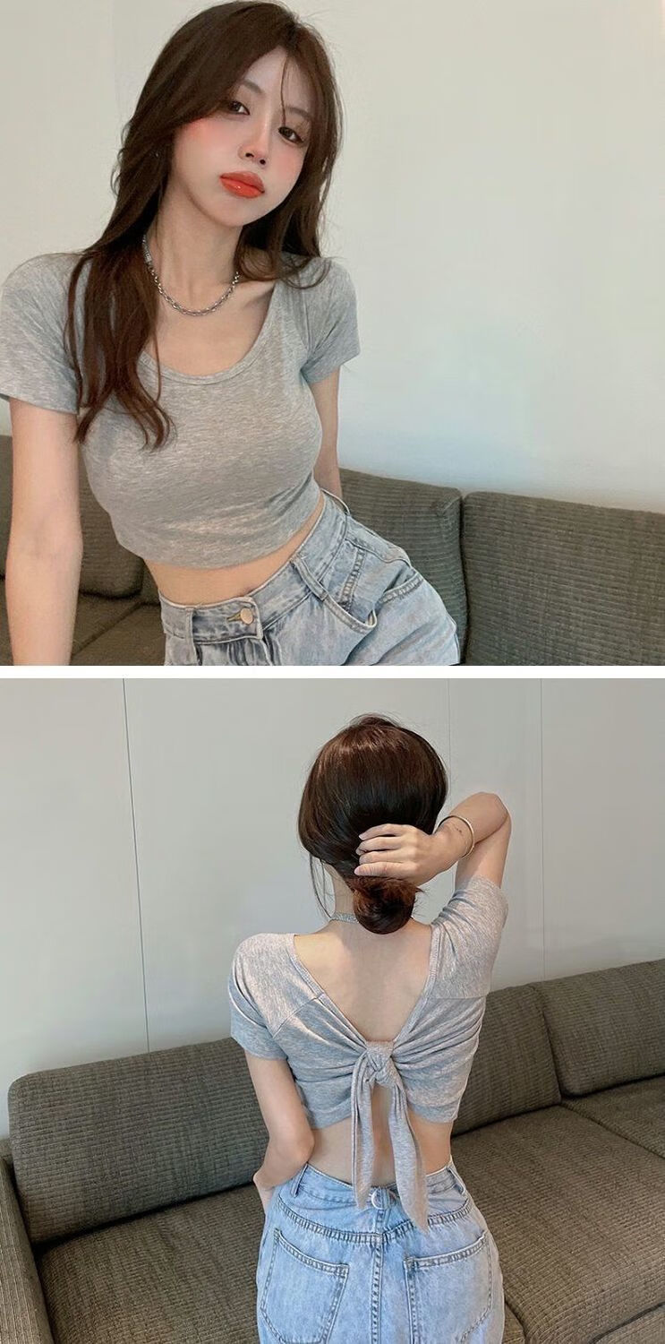 性感小心机深v前后两面穿t恤女士夏季露背短款显胸大辣妹紧身上衣 950