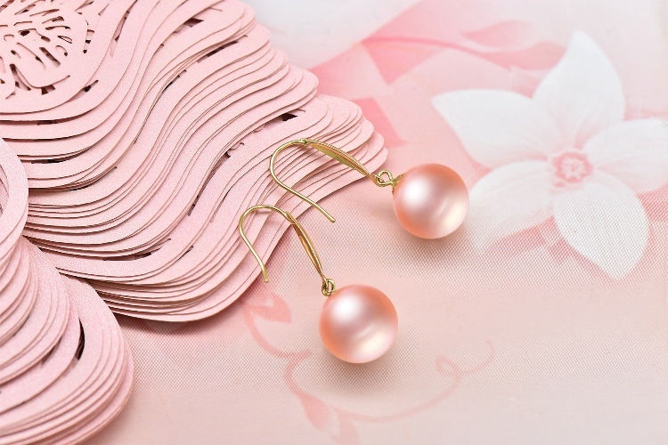 南珠世家滴水成珠橘粉色圆形淡水珍珠耳环18k金耳钩时尚精致耳饰送