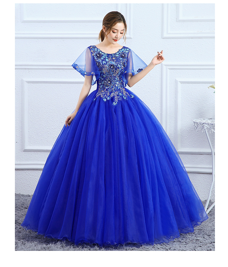 袖女金色晚礼服新款宴会长款花仙子独唱演出服蓬蓬裙影楼主题宝蓝色m