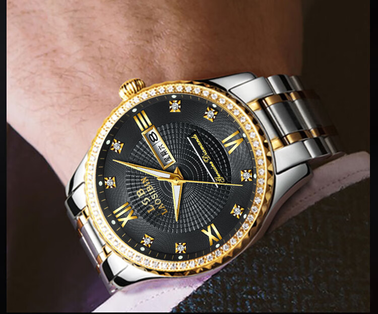 瑞士劳斯宾手表男机械表全自动防水夜光男表laosibin金表 金边白面