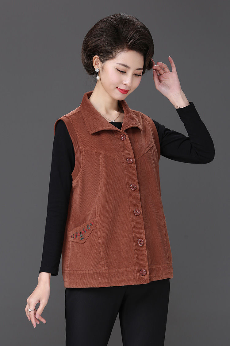 妈妈装马甲女春秋款纯棉灯芯绒坎肩背心中老年女装洋气老奶奶马夹yjl