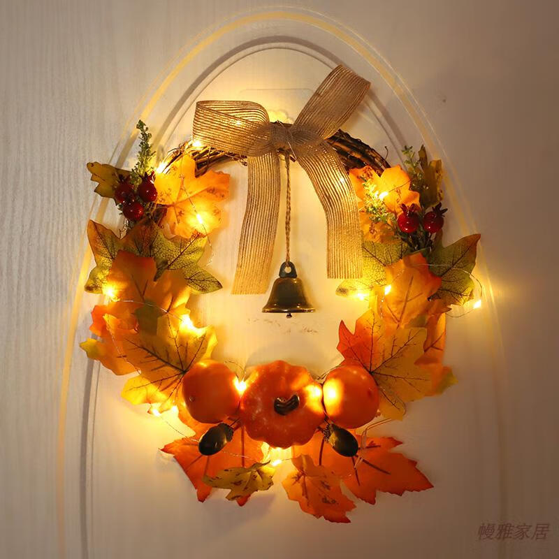 感恩节花环仿真枫叶秋色酒店装饰品南瓜浆果铃铛丰收藤圈门饰壁挂 枫