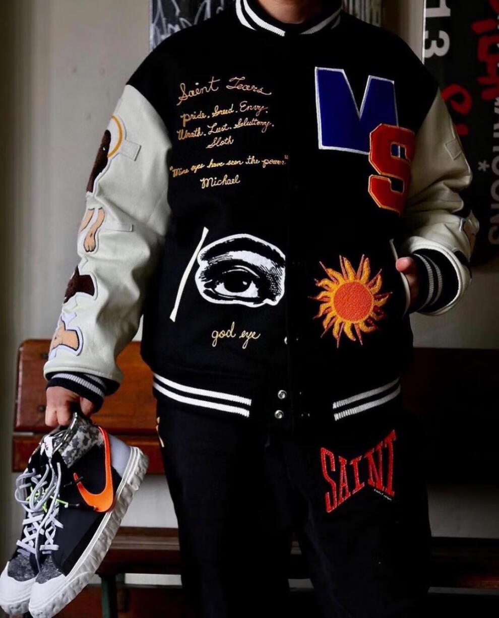 saint michael 联名denimtears刺绣高街 皮袖棒球服夹克外套石头秋