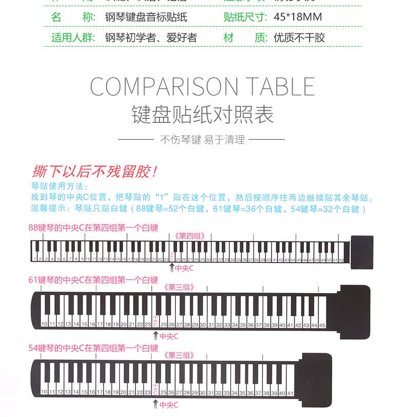 钢琴//键盘彩色音标贴音符贴初学者琴键贴纸电子琴键盘贴 键盘贴 充电