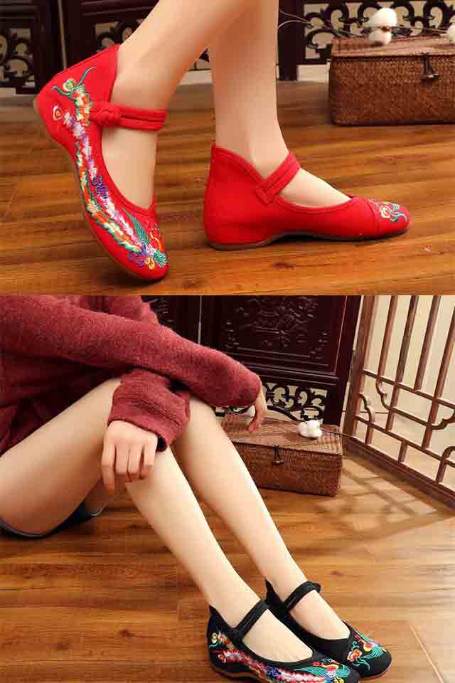 绣花鞋子春夏新款老北京布鞋绣花鞋女平底坡跟内增高民族风低帮鞋蓝色