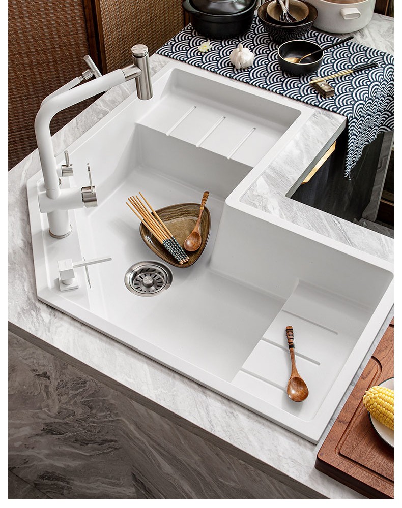 科恩纳厨房石英石转角水槽拐角洗菜盆l型异形大单槽沥水式套餐 【转角