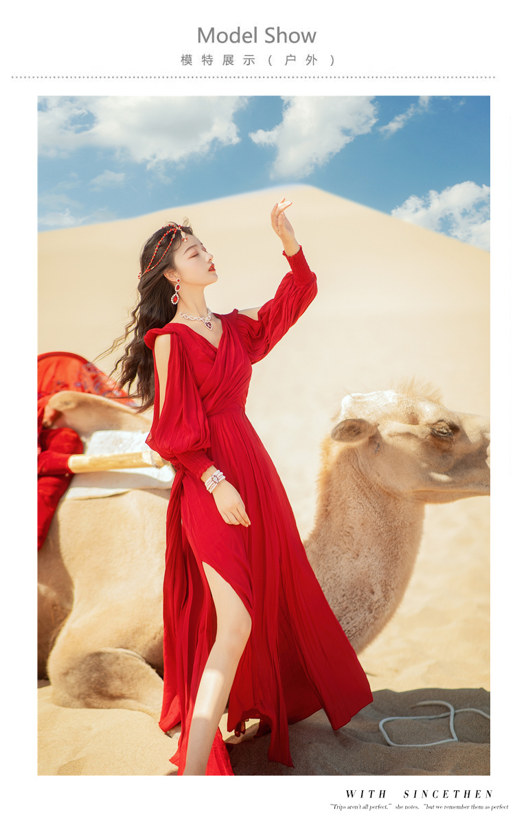 全套敦煌适合拍照好看的异族西藏沙漠裙子异域风情旅游穿搭 梦幻红色