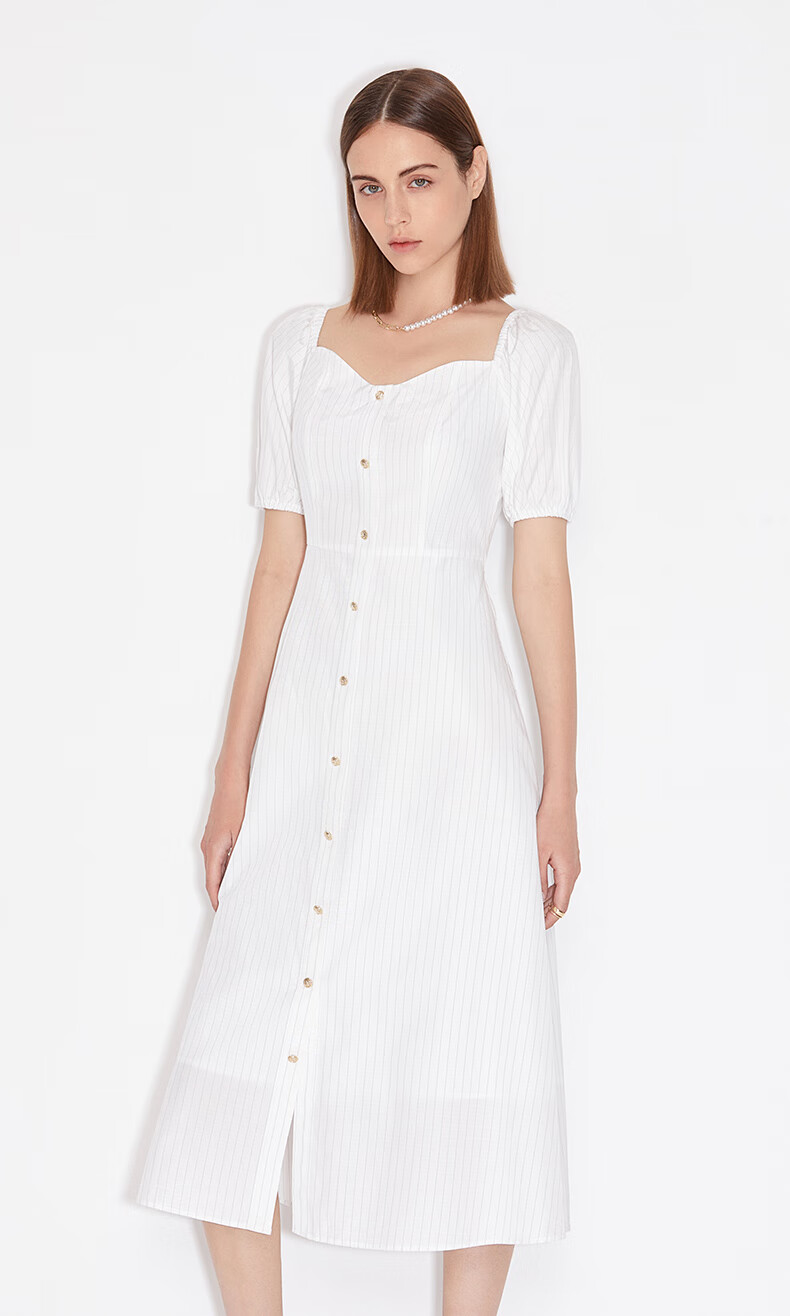 ochirly欧时力2021新款夏装法式条纹排扣收腰连衣裙女 白色018 s