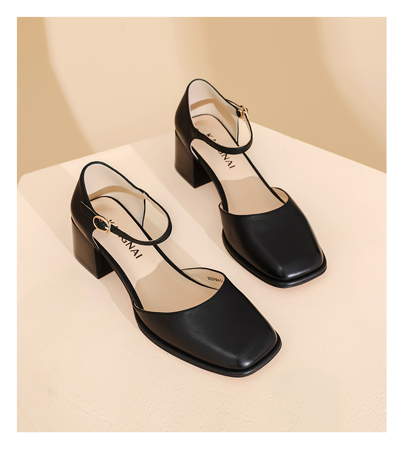 康奈女鞋 2022年夏季新款时尚方头女士凉鞋粗跟包头凉鞋一字带中空凉