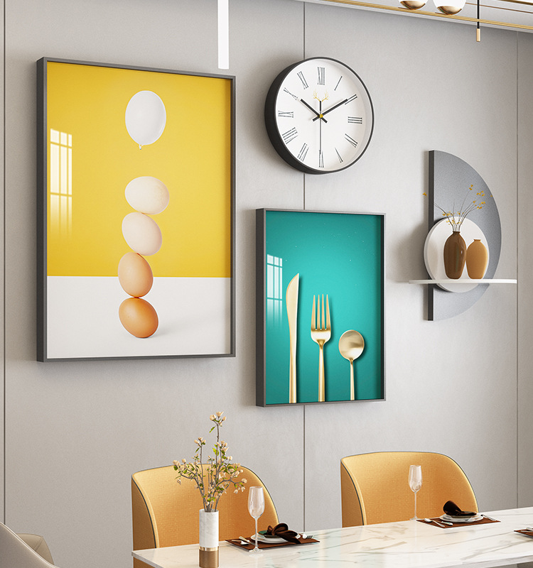寻福居现代简约餐厅钟表装饰画组合铝合金画框轻奢风餐厅走廊壁挂壁饰