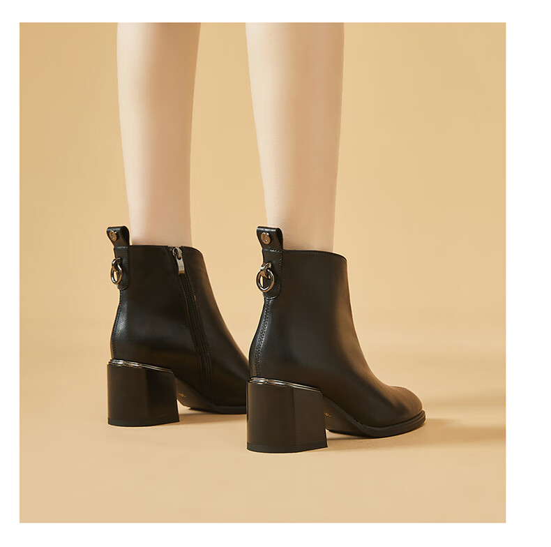 达芙妮女鞋 英伦风真牛皮7cm跟高鞋时尚复古经典马丁靴秋冬加绒粗跟