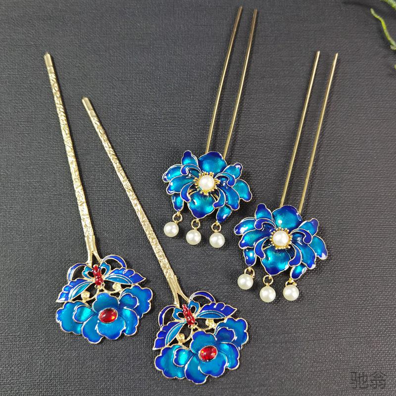 驰翁古装点翠盘发簪子发钗头饰汉服明清新娘秀禾服烧蓝宋制配饰花蝶