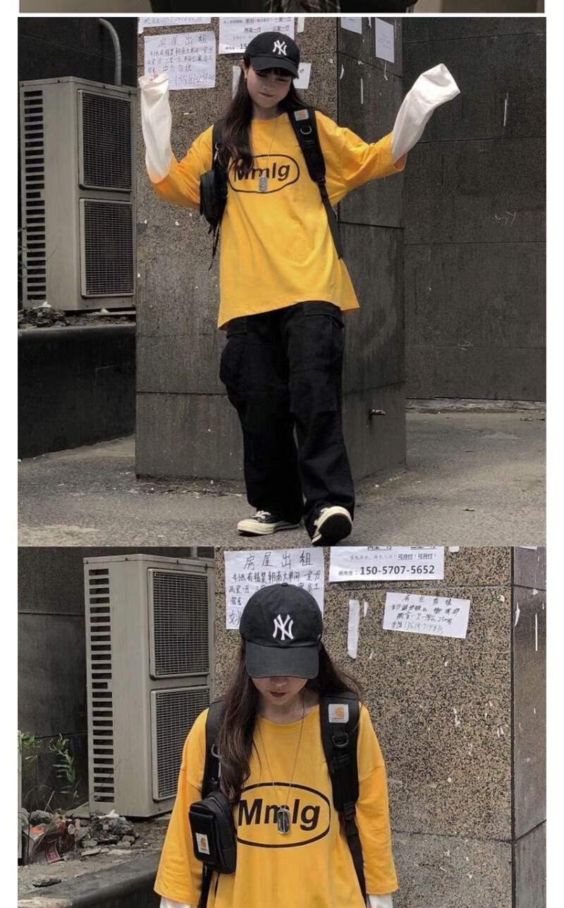 春秋原宿风新款宽松长袖恤女复古潮流百搭打底衫上衣服 104#纯色蓝