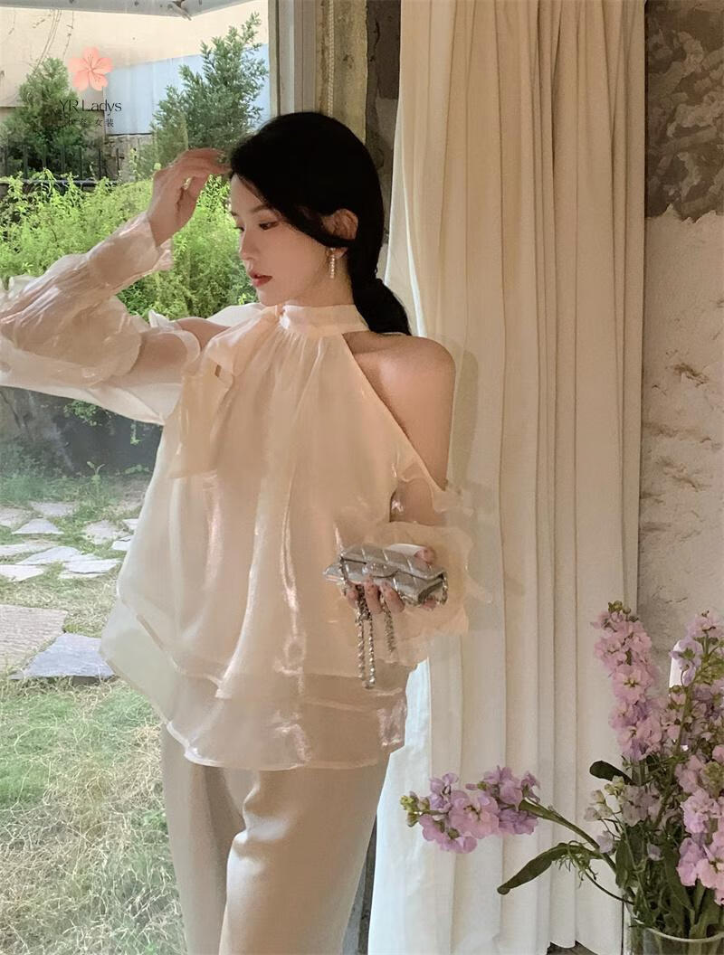 人鱼姬衬衫女夏季设计感小众法式宫廷风温柔露肩气质长袖衬衣上衣忧容