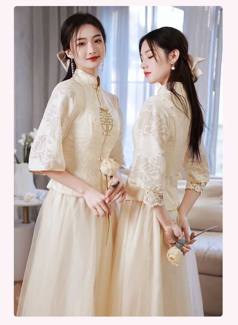 伴娘服夏季中式婚礼姐妹裙伴娘服夏季2022新款国风香槟色伴娘团旗袍