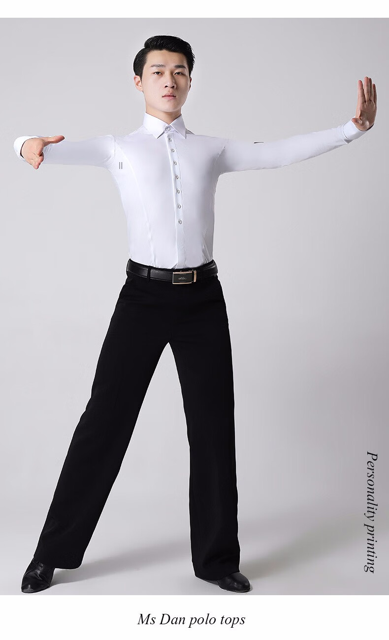 丹宝罗拉丁舞连体上衣男成年国标舞比赛服黑池跳舞长袖表演服 男白色