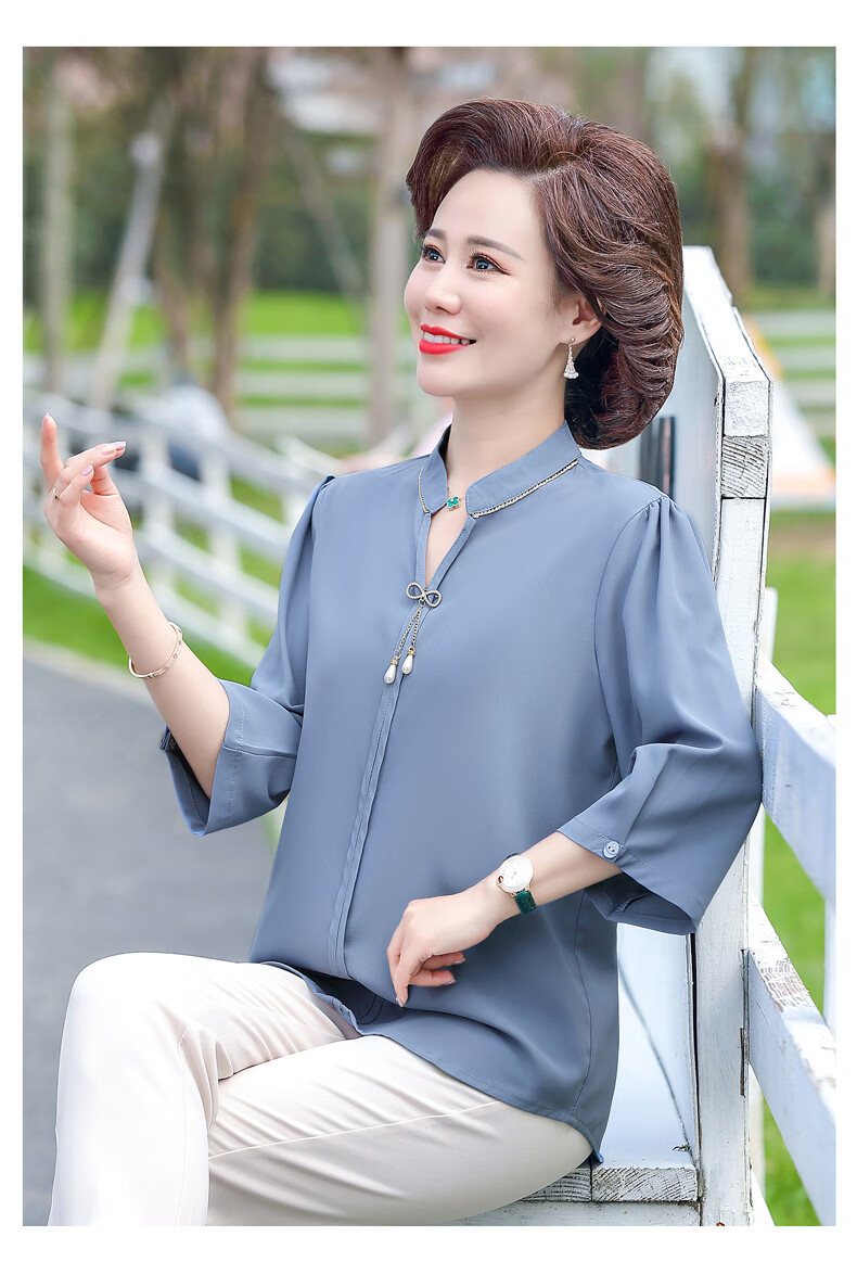 中年妇女夏天中袖衣服中老年女夏装上衣妈妈春装套装2022新款洋气小衫