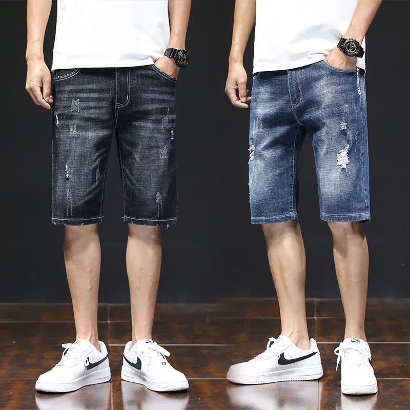 津若国潮男装联名破洞牛仔短裤男夏季裤男短款潮流外穿休闲韩版乞丐裤