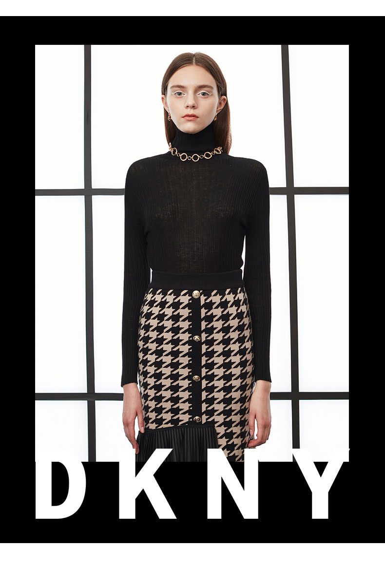 dkny2021秋冬新款高领翻领修身弹力针织衫女奢侈品女装黑色16588al