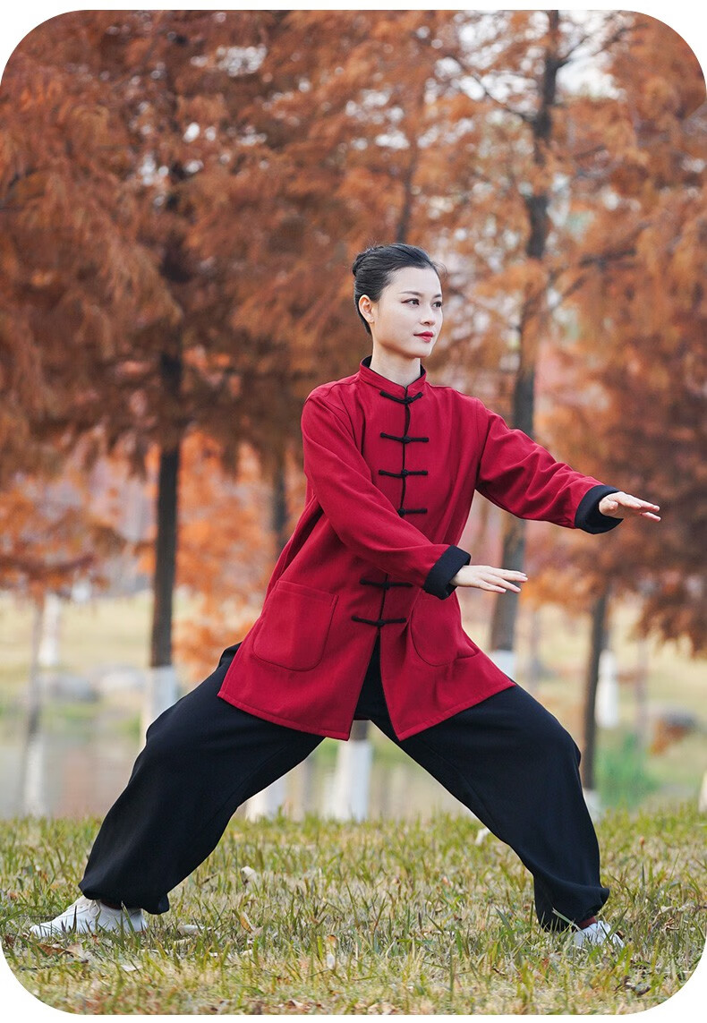 太极服女秋冬季新款加厚绒棉麻太极拳冬装练功服男时尚 枣红色一字扣
