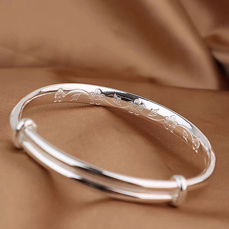 周大福款式 母亲节 9999足银车花银手镯 花朵莲蓬妈妈礼物实心厚肚足