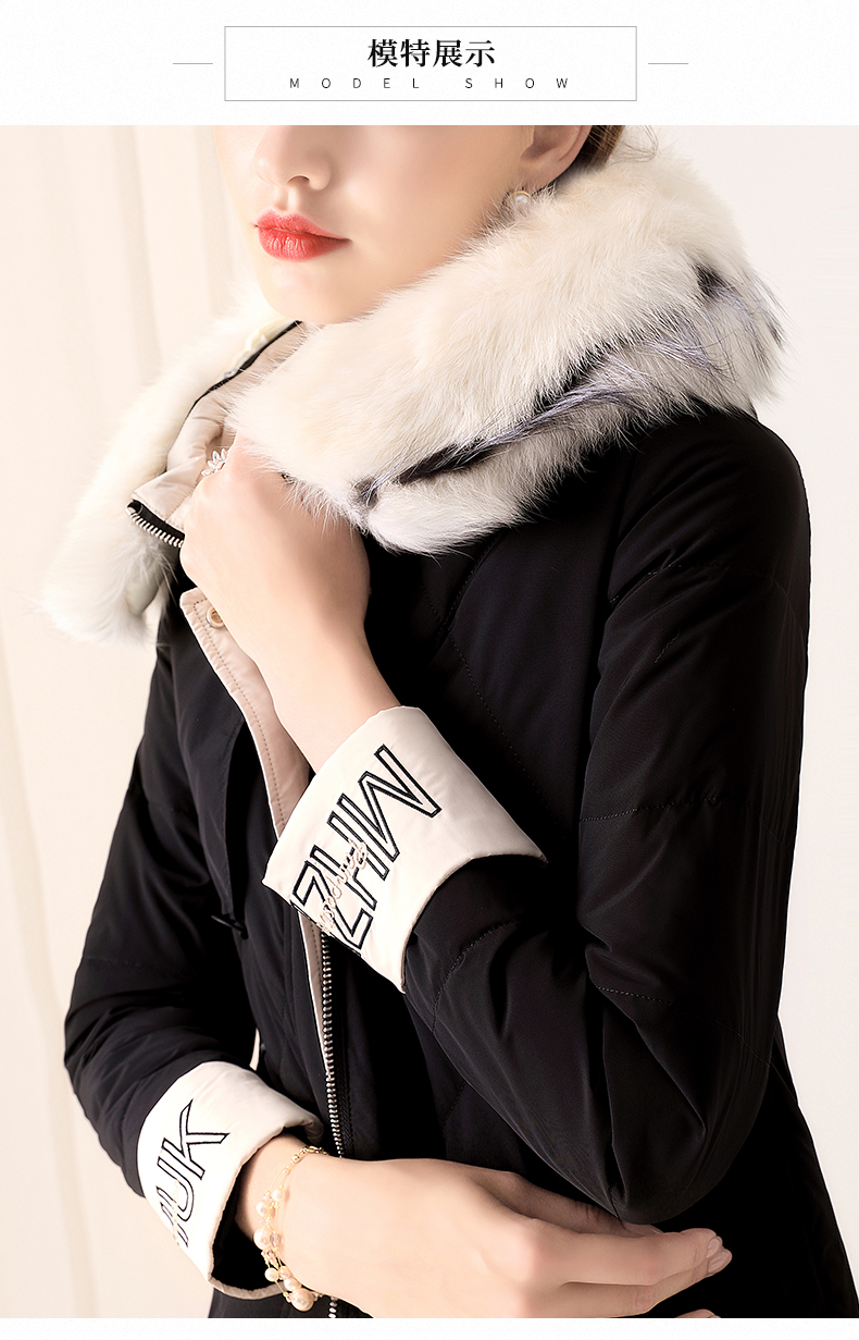 劳拉格慕2019冬季狐狸毛领白鸭绒羽绒服女中长款连帽外套 黑色 xxl