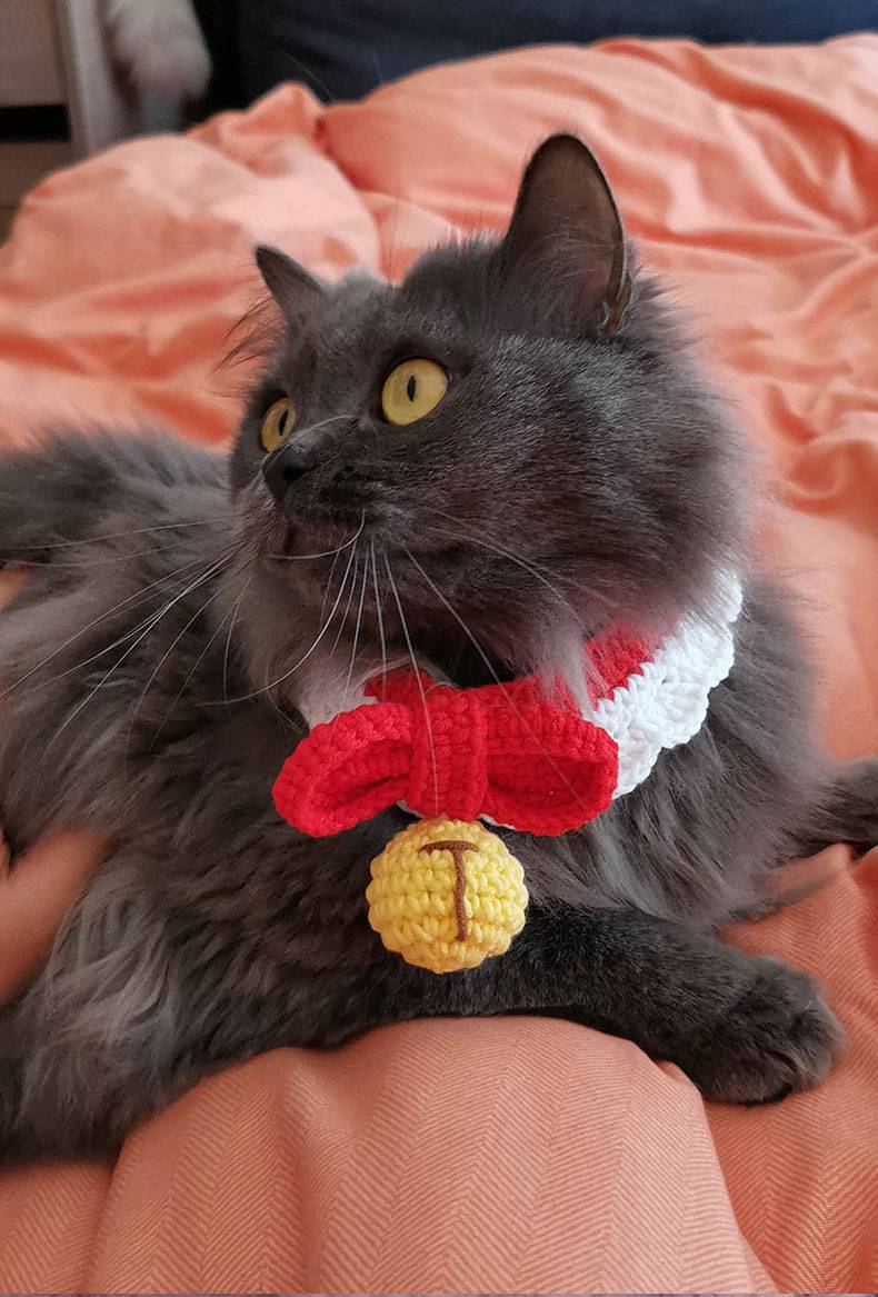 猫咪手工编织围脖 猫咪项圈防丢失可爱针织围脖手工编织蝴蝶结小铃铛