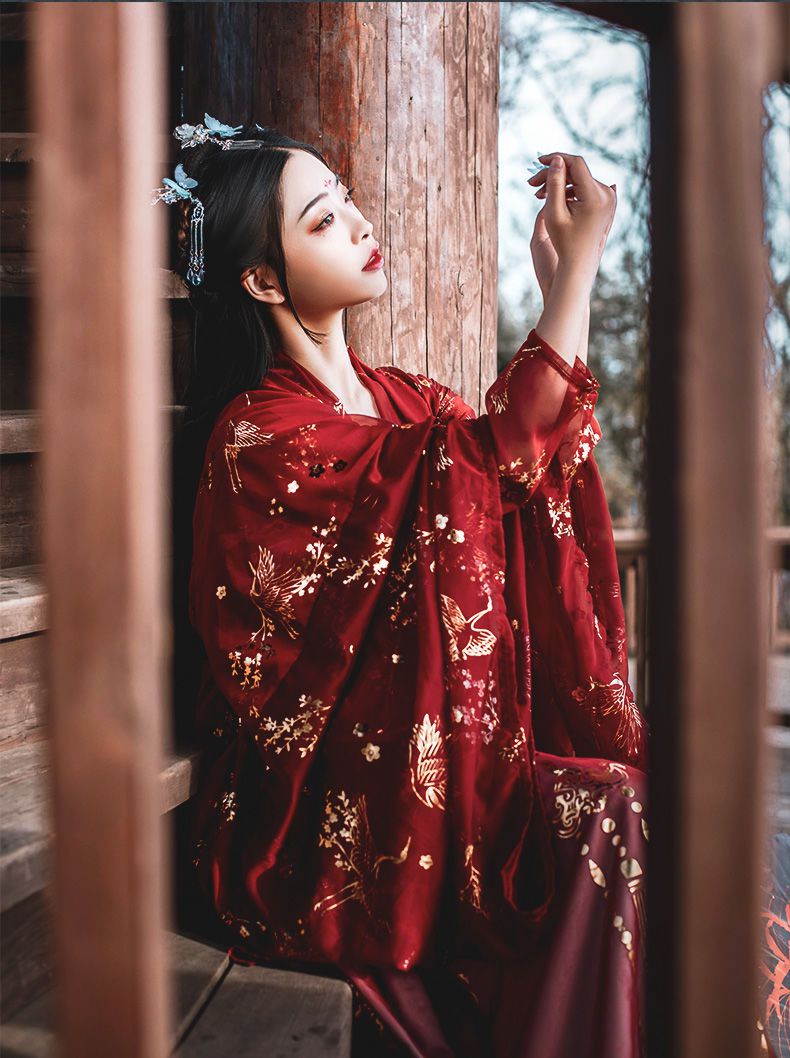 仙鹤汉服学生古装长款齐胸襦裙云鹤裙大袖衫秋冬季红色大袖衫l