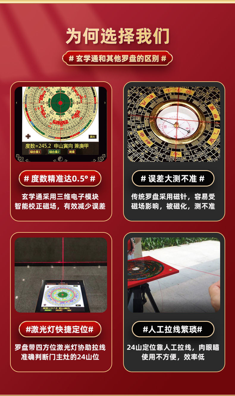 玄学通电子罗盘十字激光高精度罗盘28种功能智能盘 玄学通电子罗盘版