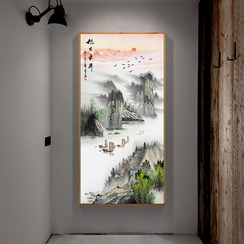 别颖进门国画山水画靠山玄关装饰画竖版走廊过道墙面壁画风水挂画海纳