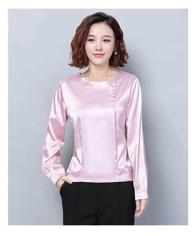 重磅仿真丝上衣女长袖秋装新款圆领宽松缎面长袖恤大码小衫 酒红色 m