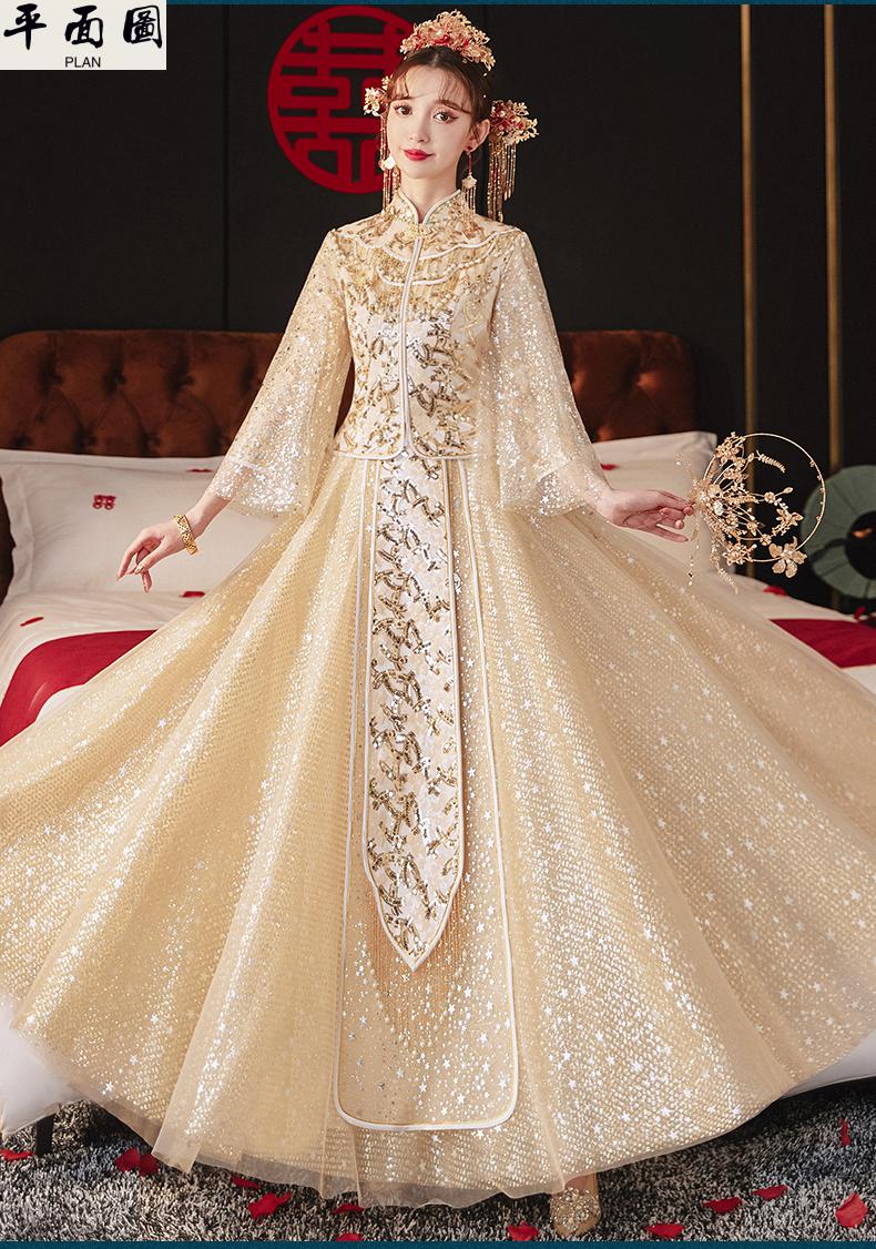 婚纱中式凤袍秀禾服新娘夏季薄款新款结婚香槟色礼服秀禾 云星【送