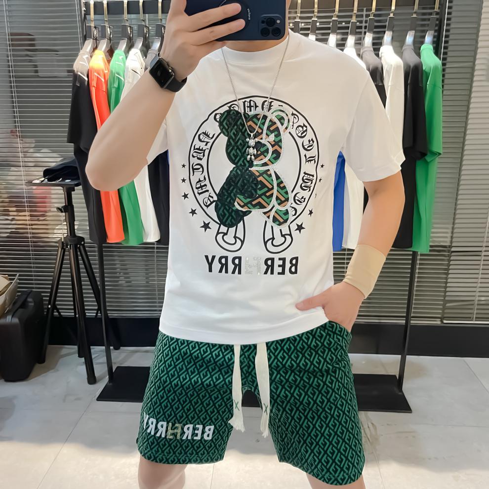 guci b lv品牌轻奢高端男装2022夏季潮牌小熊刺绣短袖t恤衫男士微阔