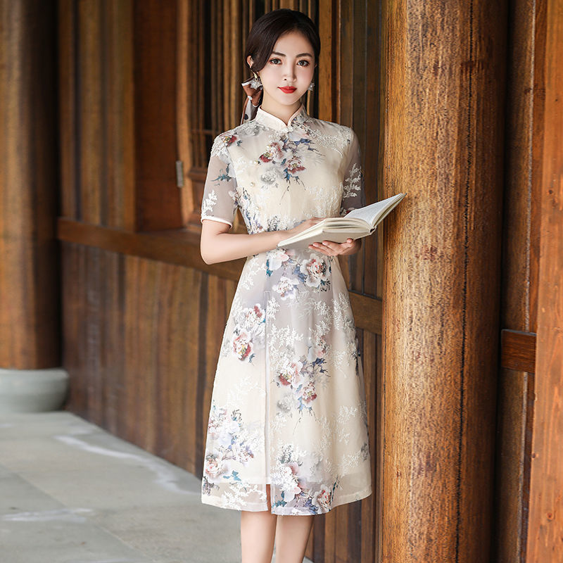 绣花改良旗袍连衣裙女夏季新款中国风中长款时尚收腰显瘦年轻款裙子