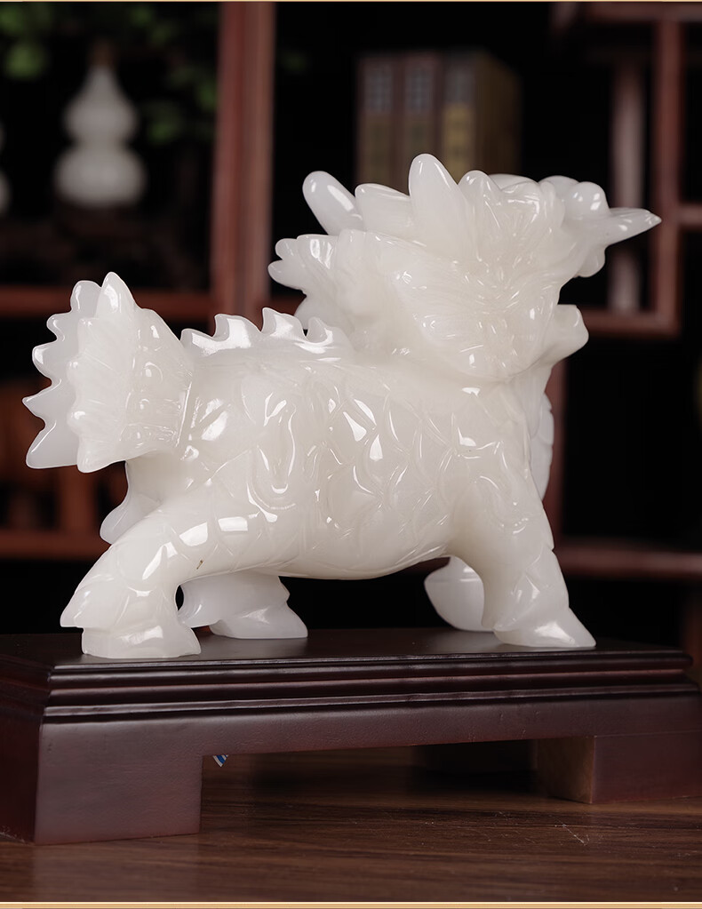 昨日青空玉石麒麟摆件一对酒柜办公室桌装饰 店铺客厅商铺摆设品 小号