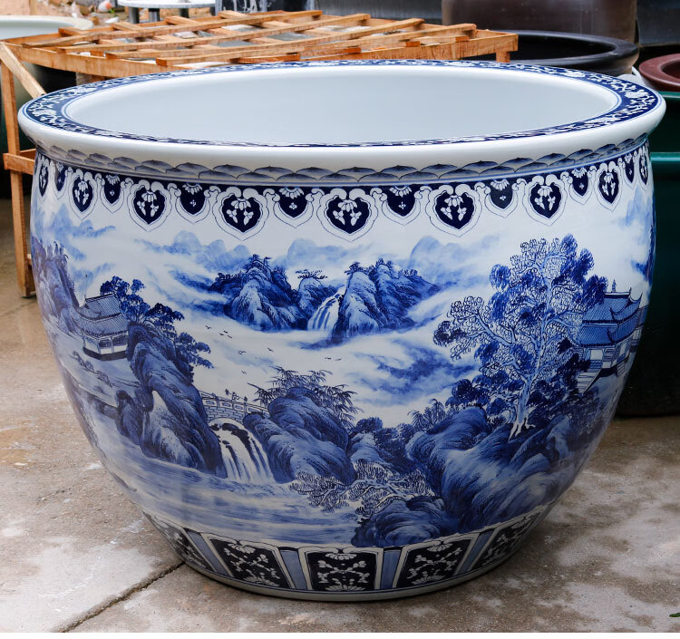 景德镇陶瓷鱼缸青花瓷睡莲荷花缸锦鲤庭院1.