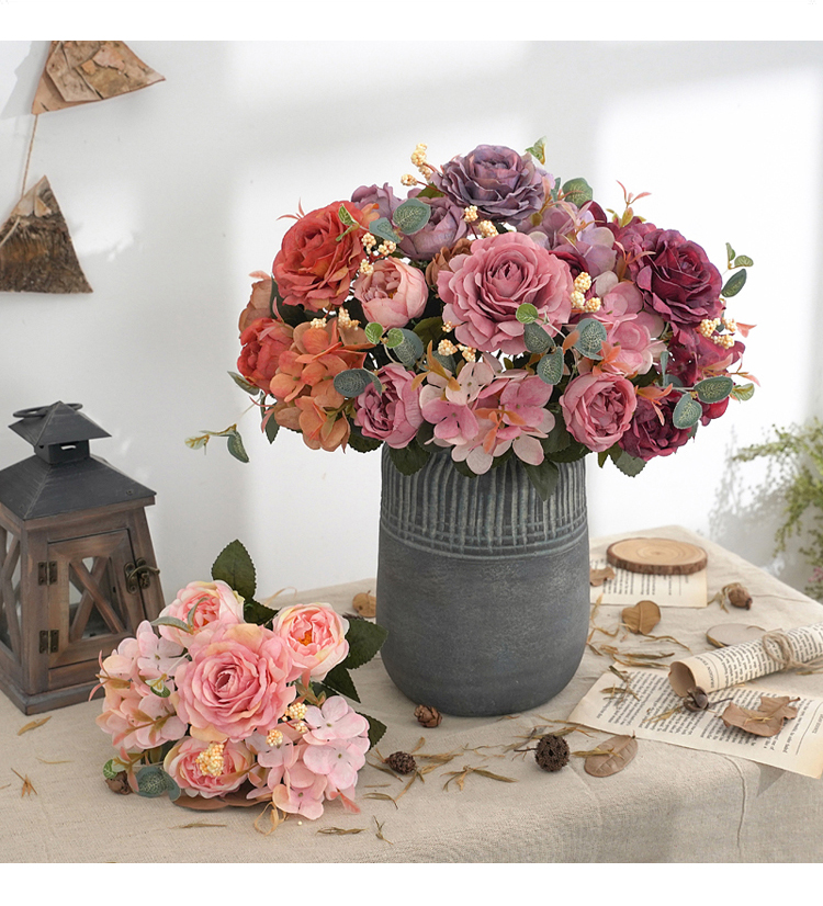 仿生花复古花束假花仿真花摆设客厅装饰摆件绢花插花绣球花干花拍照