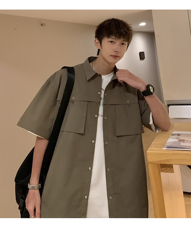 sijian藏青色日系cityboy衬衫短袖男美式复古工装衬衣夏季薄款外套