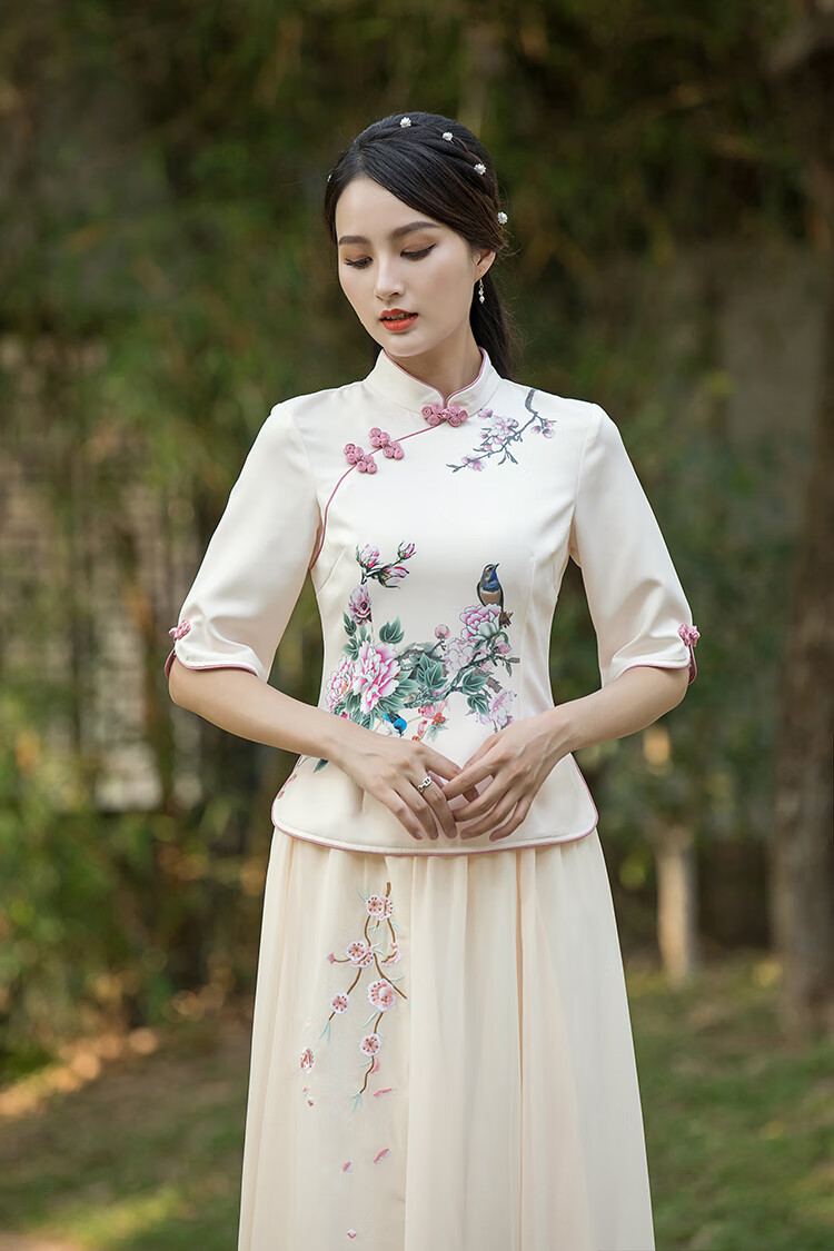 唐装女士穿的民族风套装女复古改良旗袍茶服女夏装中国风大码修身上衣